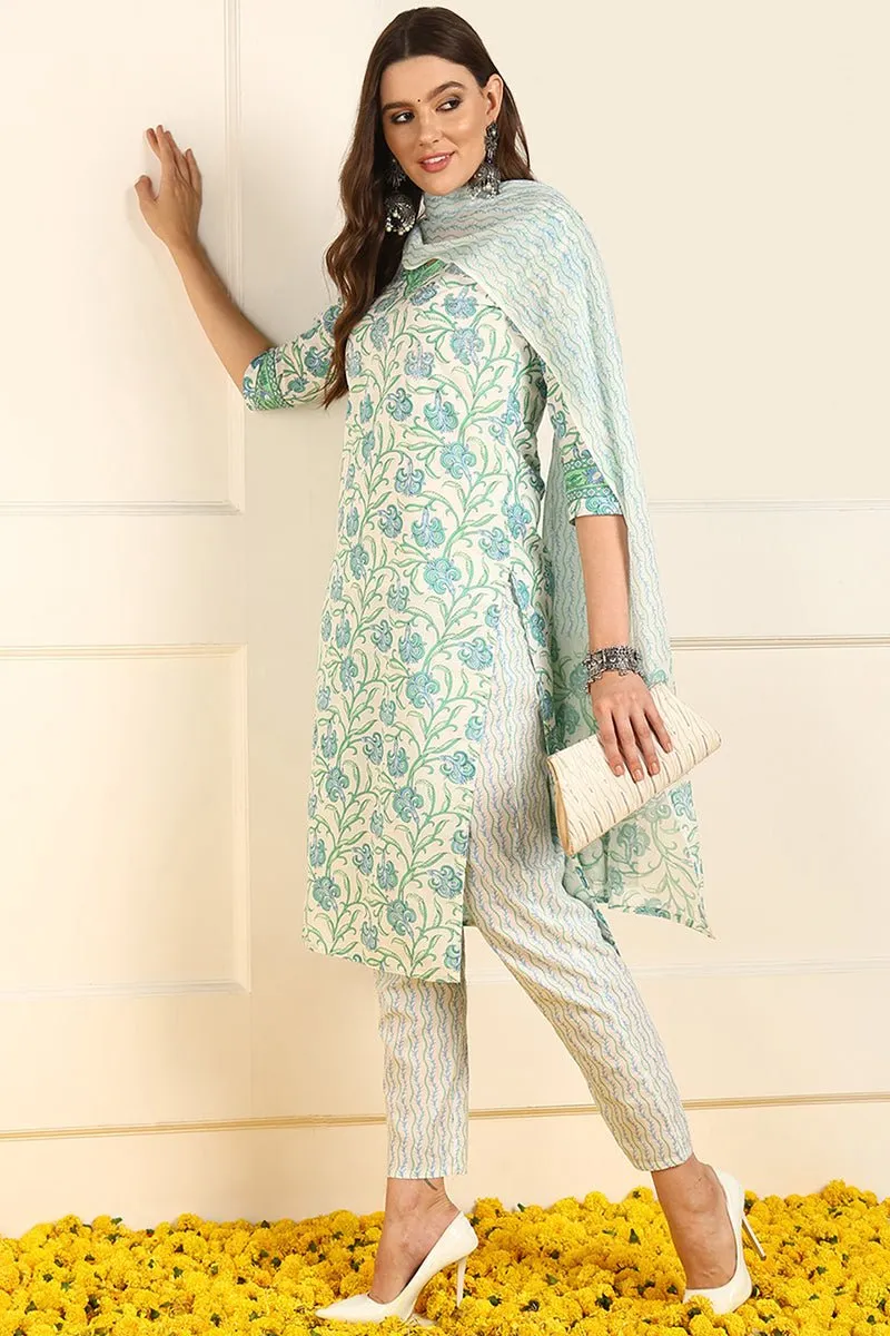 Ahika White Pure Cotton Floral Printed Straight Suit Set