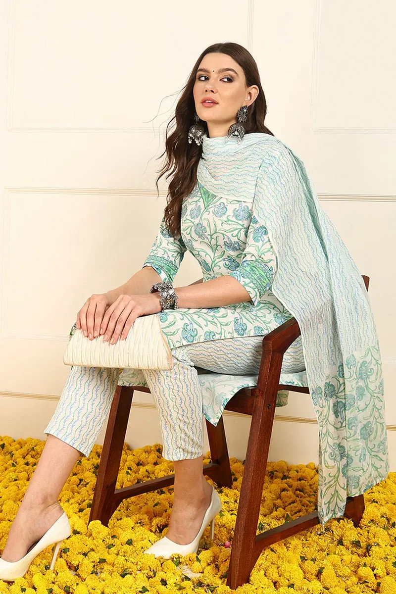 Ahika White Pure Cotton Floral Printed Straight Suit Set