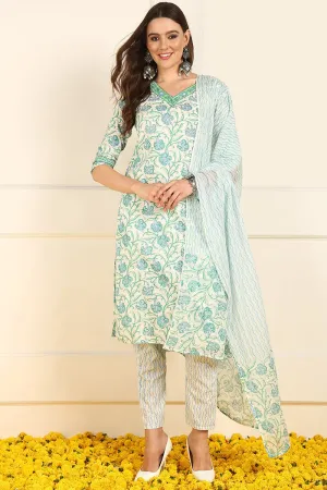 Ahika White Pure Cotton Floral Printed Straight Suit Set