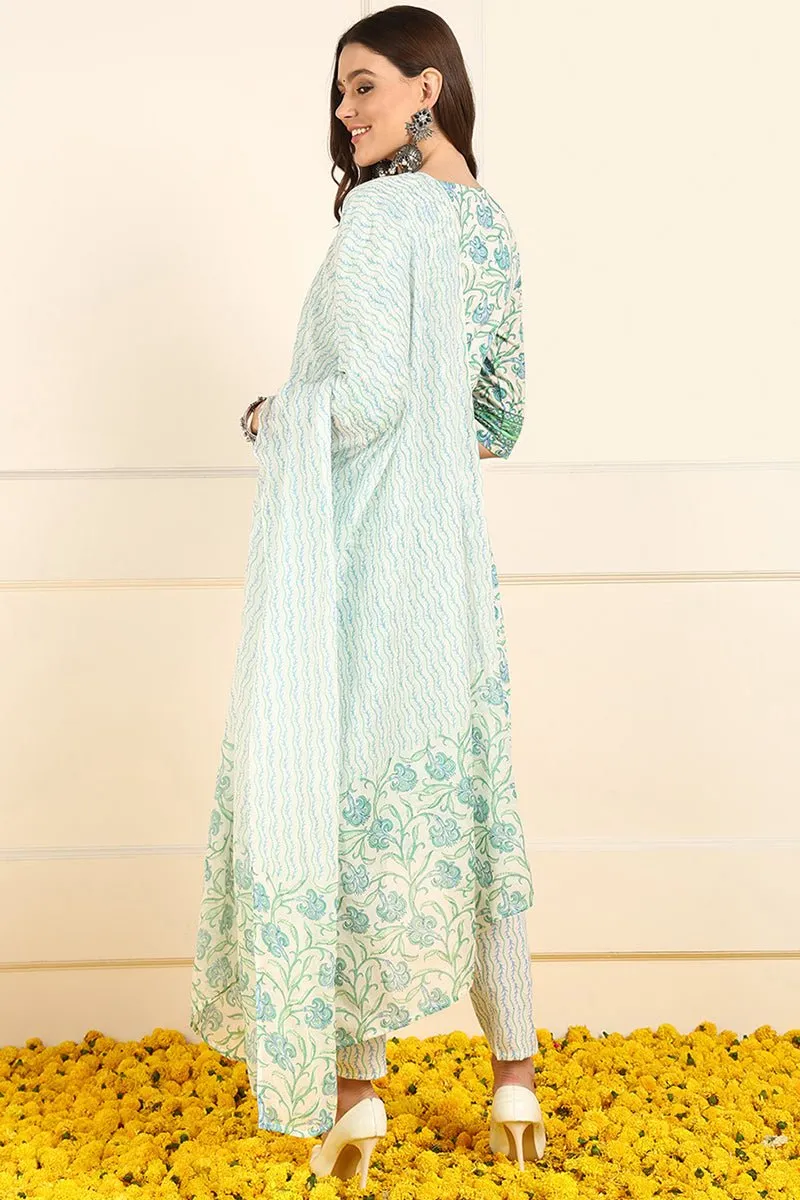 Ahika White Pure Cotton Floral Printed Straight Suit Set