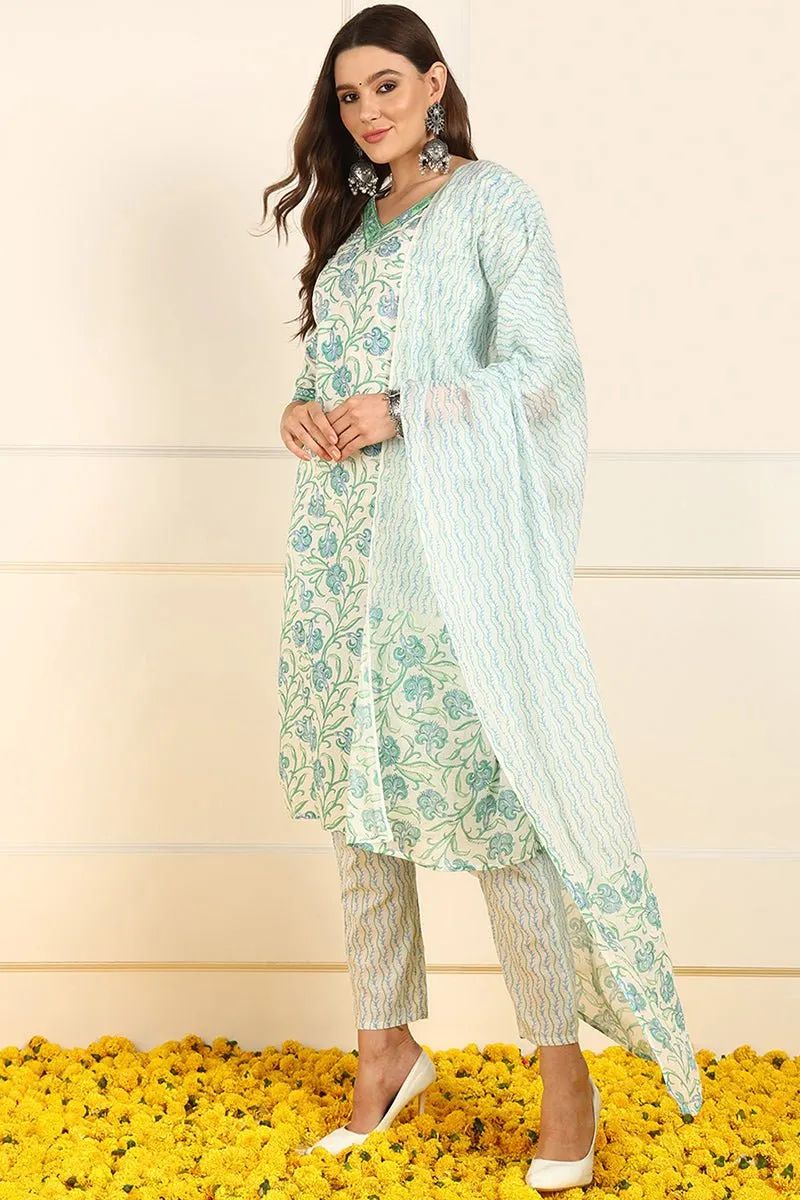 Ahika White Pure Cotton Floral Printed Straight Suit Set