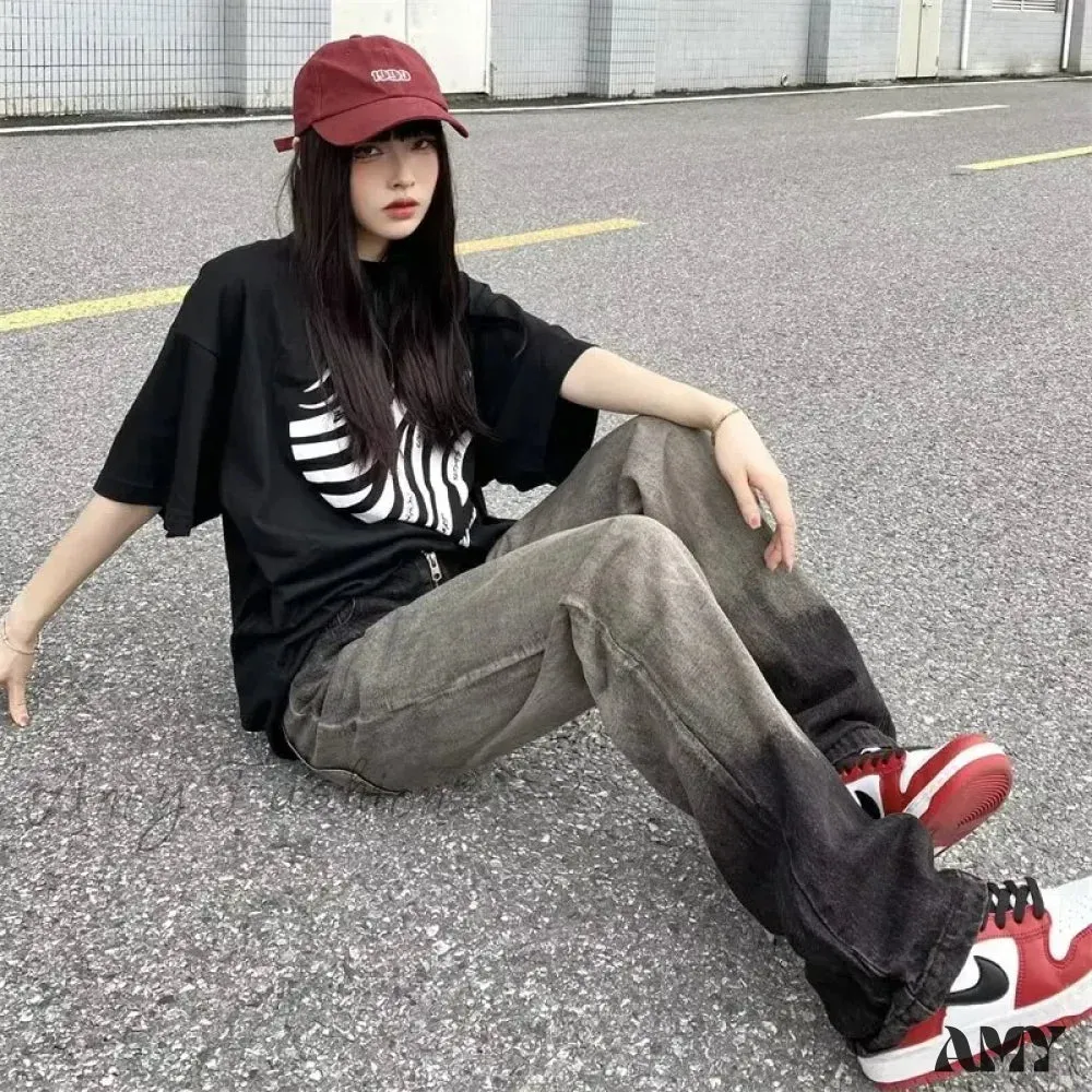 Amy Fashion - Trendy Hong Kong Style Autumn Casual Straight Leg Trendy Brand Natural Waist Jean
