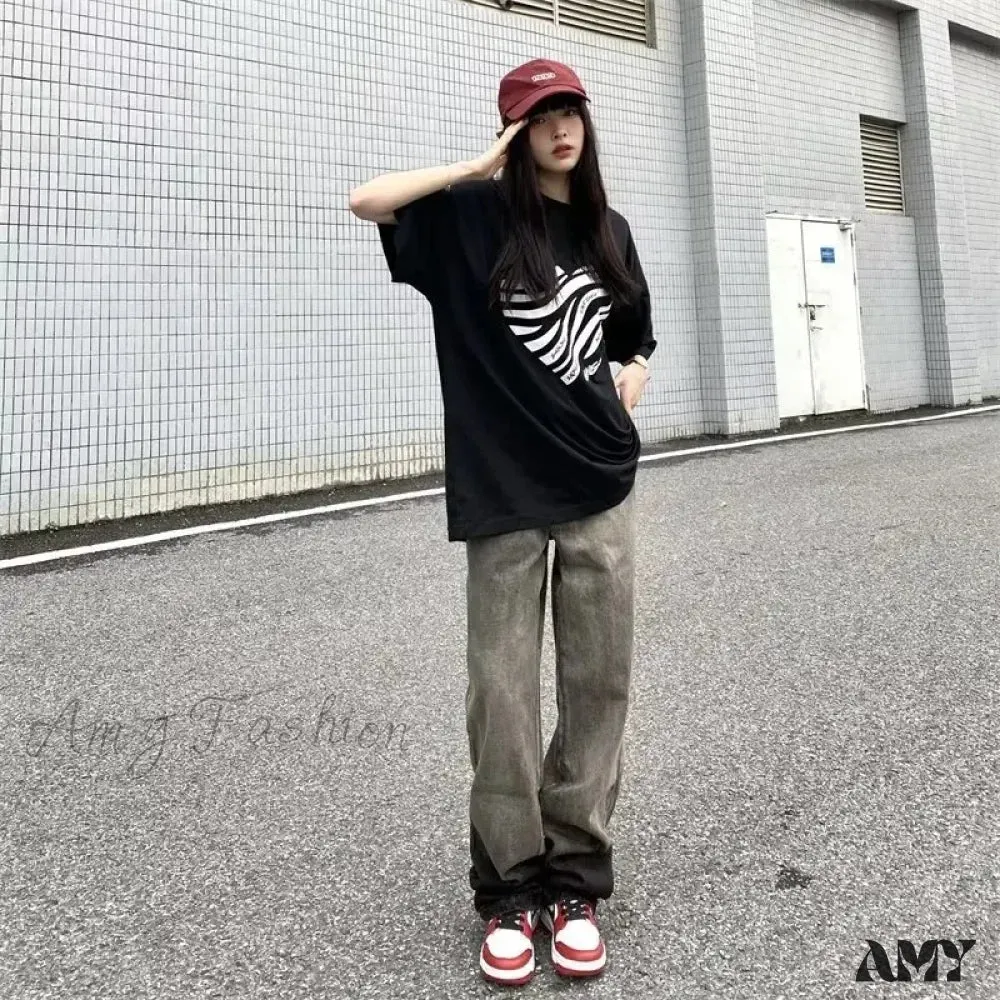 Amy Fashion - Trendy Hong Kong Style Autumn Casual Straight Leg Trendy Brand Natural Waist Jean