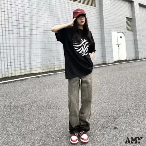 Amy Fashion - Trendy Hong Kong Style Autumn Casual Straight Leg Trendy Brand Natural Waist Jean
