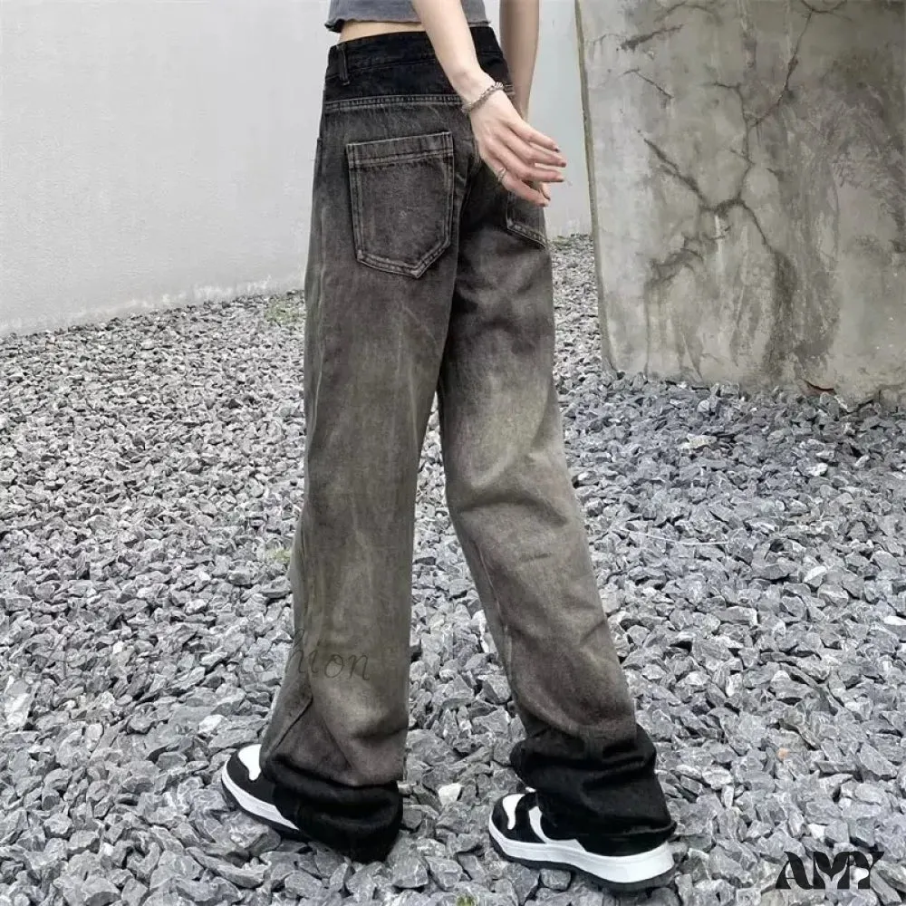 Amy Fashion - Trendy Hong Kong Style Autumn Casual Straight Leg Trendy Brand Natural Waist Jean