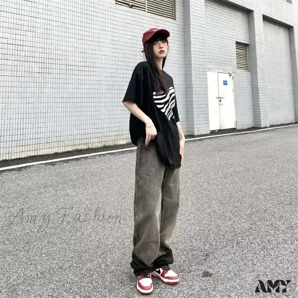 Amy Fashion - Trendy Hong Kong Style Autumn Casual Straight Leg Trendy Brand Natural Waist Jean