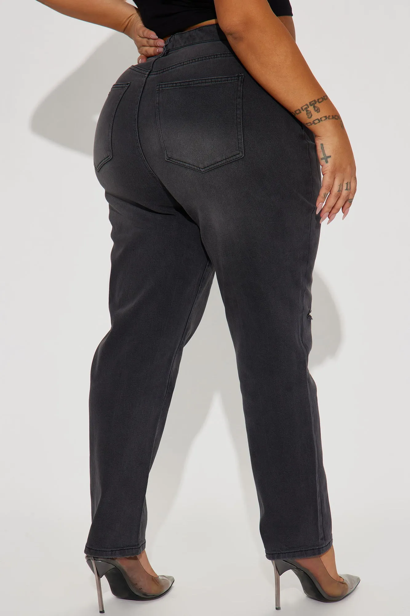 Back Again Stretch Distressed Mom Jean - Black