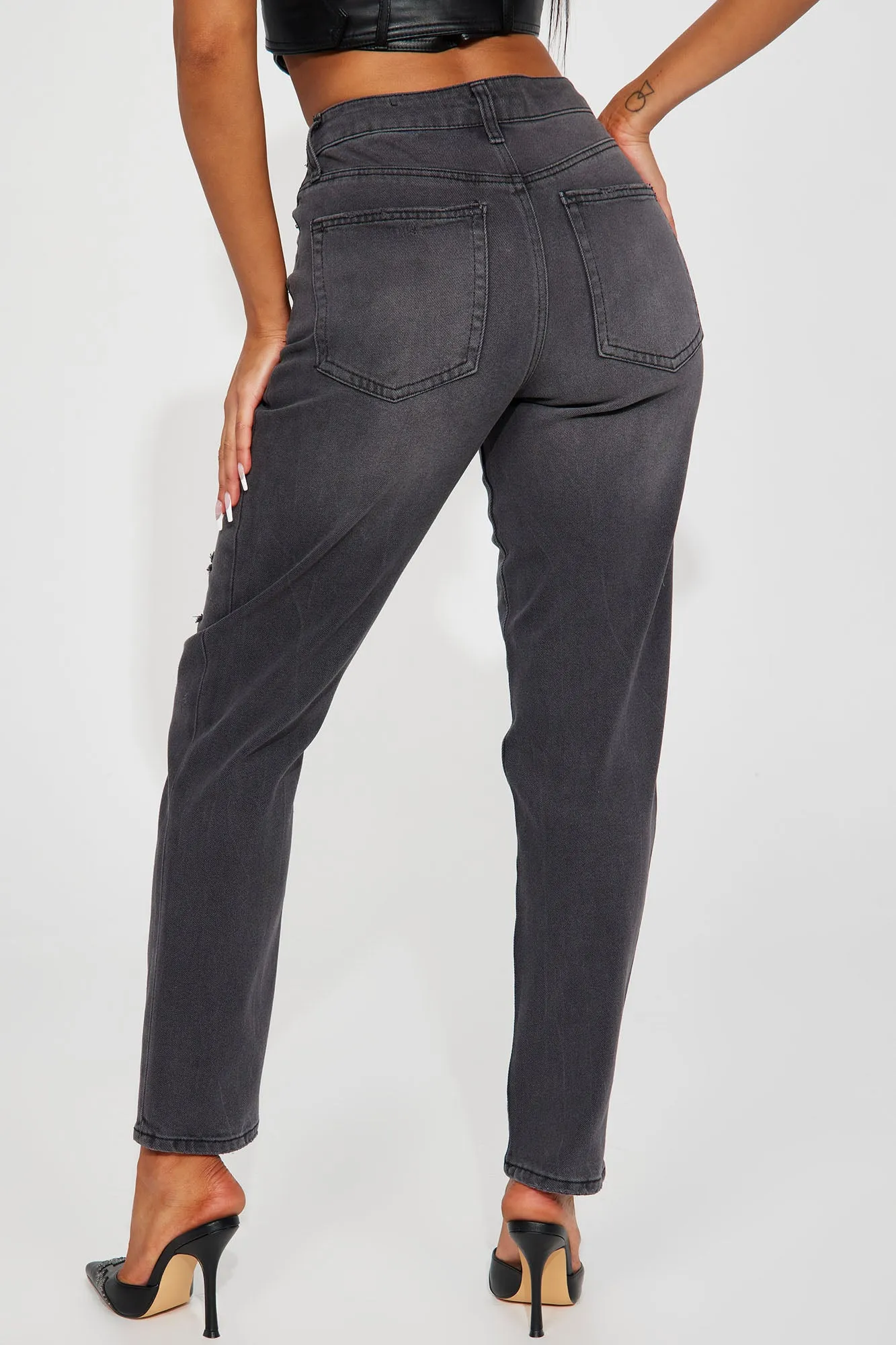 Back Again Stretch Distressed Mom Jean - Black