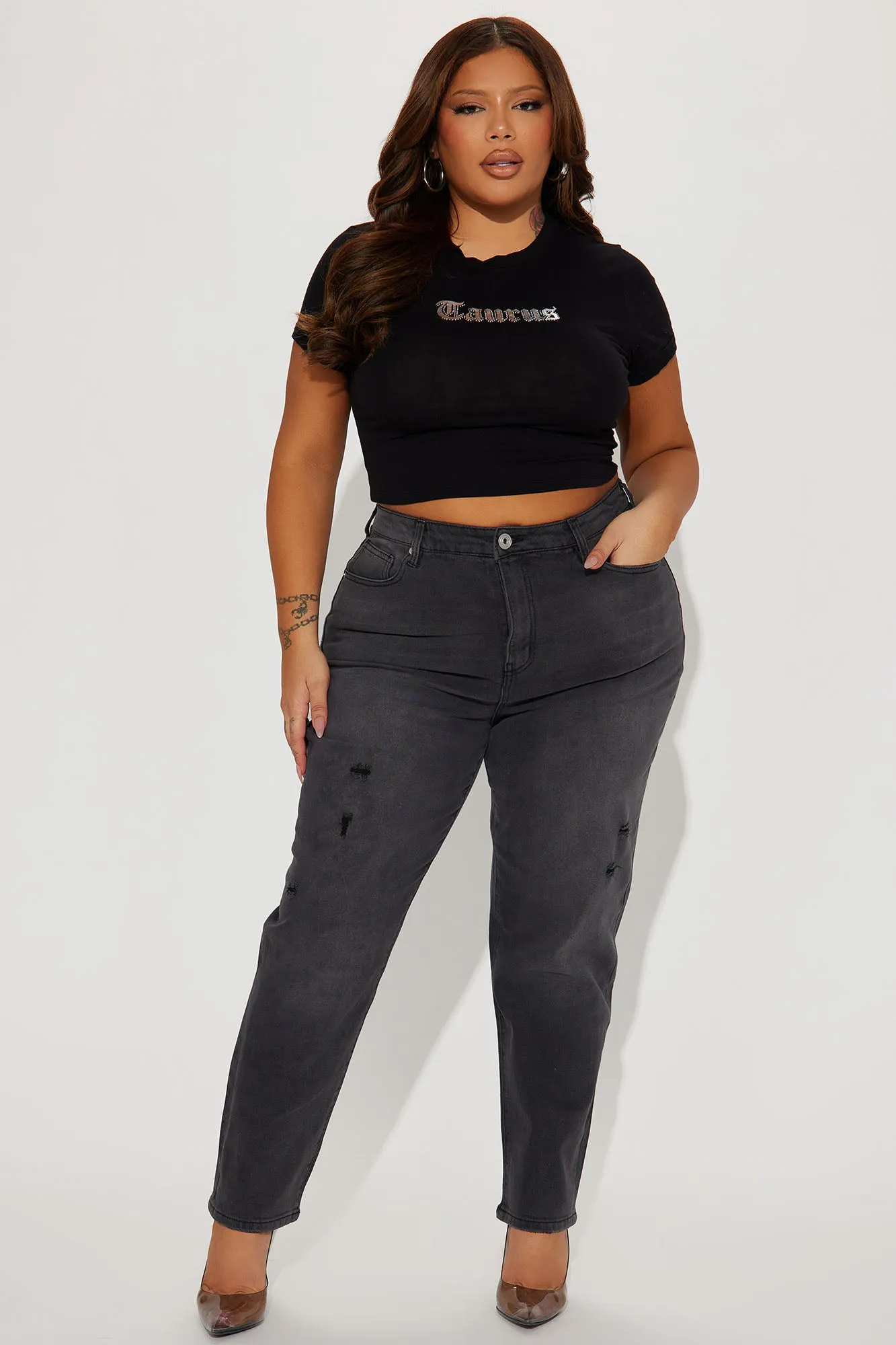 Back Again Stretch Distressed Mom Jean - Black