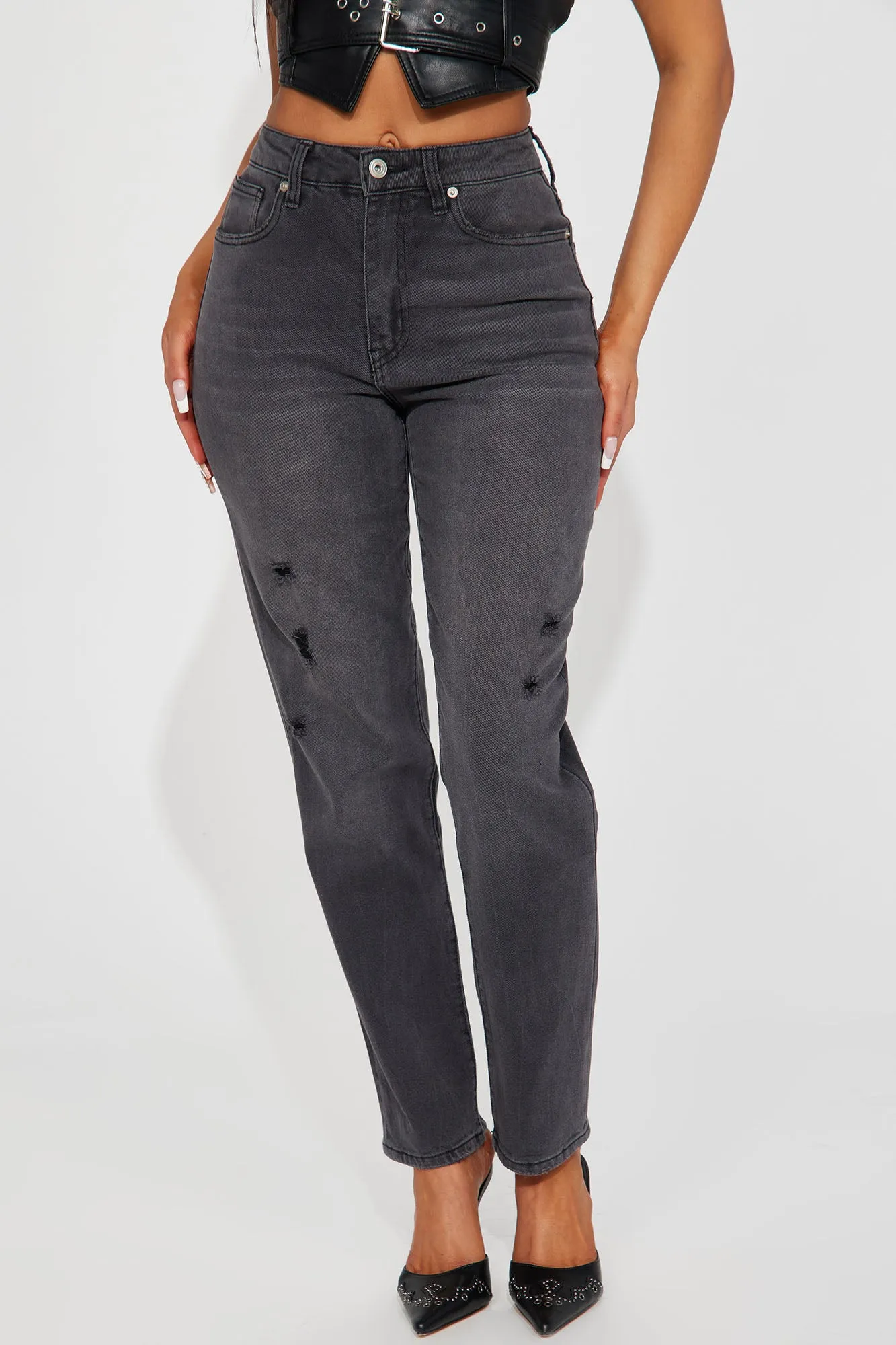 Back Again Stretch Distressed Mom Jean - Black