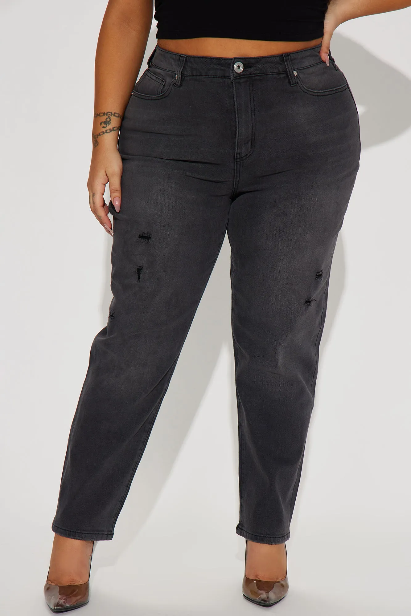 Back Again Stretch Distressed Mom Jean - Black