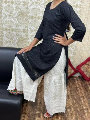 Black Cutwork Embroidered Kurti with Full Chikan Ghaara Set
