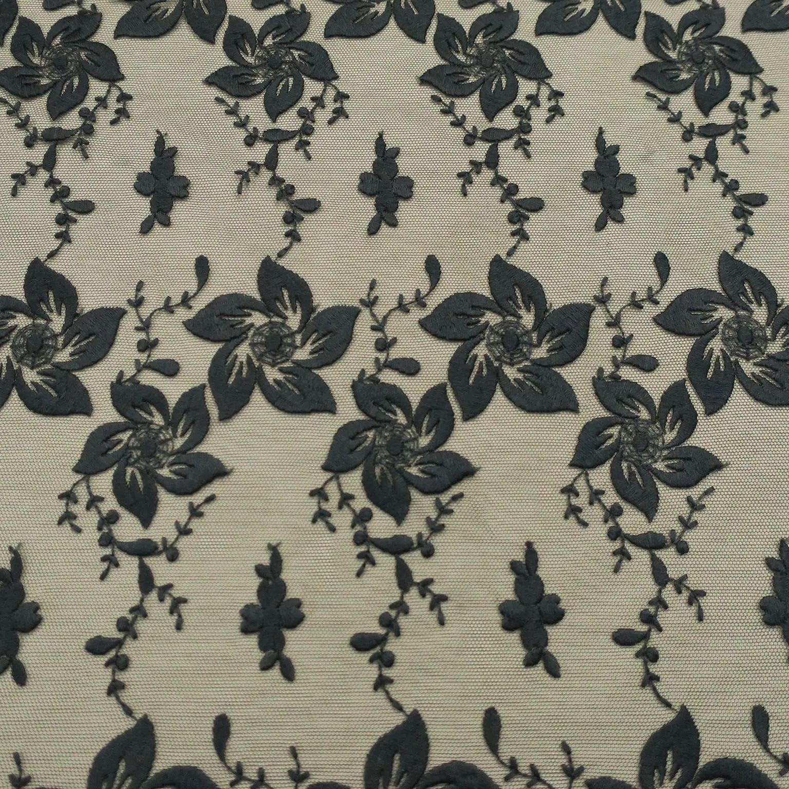 Black Tulle with Floral Design Embroidered Tulle Fabric
