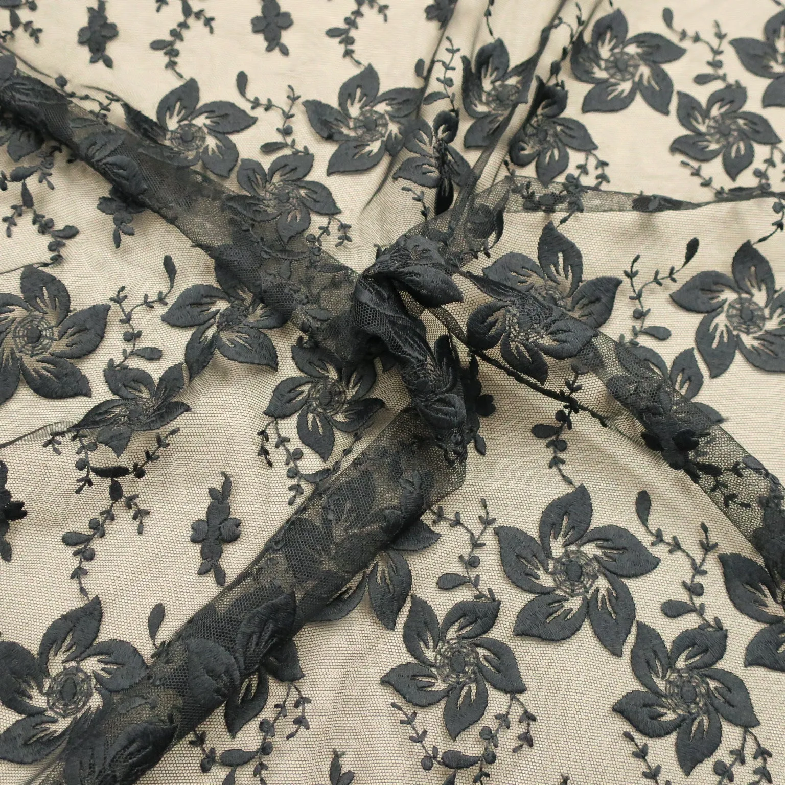 Black Tulle with Floral Design Embroidered Tulle Fabric