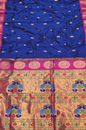 Blue And Pink Peacock Design Pure Silk Paithani Saree - Handloom Craftsmanship