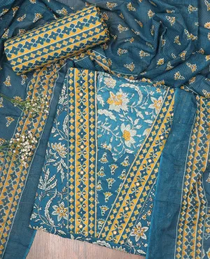 Blue chudidhar material set, floral vine printed top, geometric printed bottom & uniquely printed dupatta
