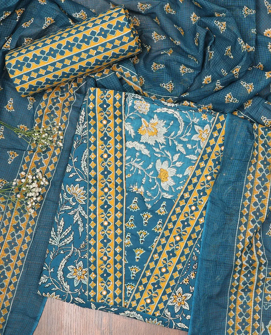 Blue chudidhar material set, floral vine printed top, geometric printed bottom & uniquely printed dupatta
