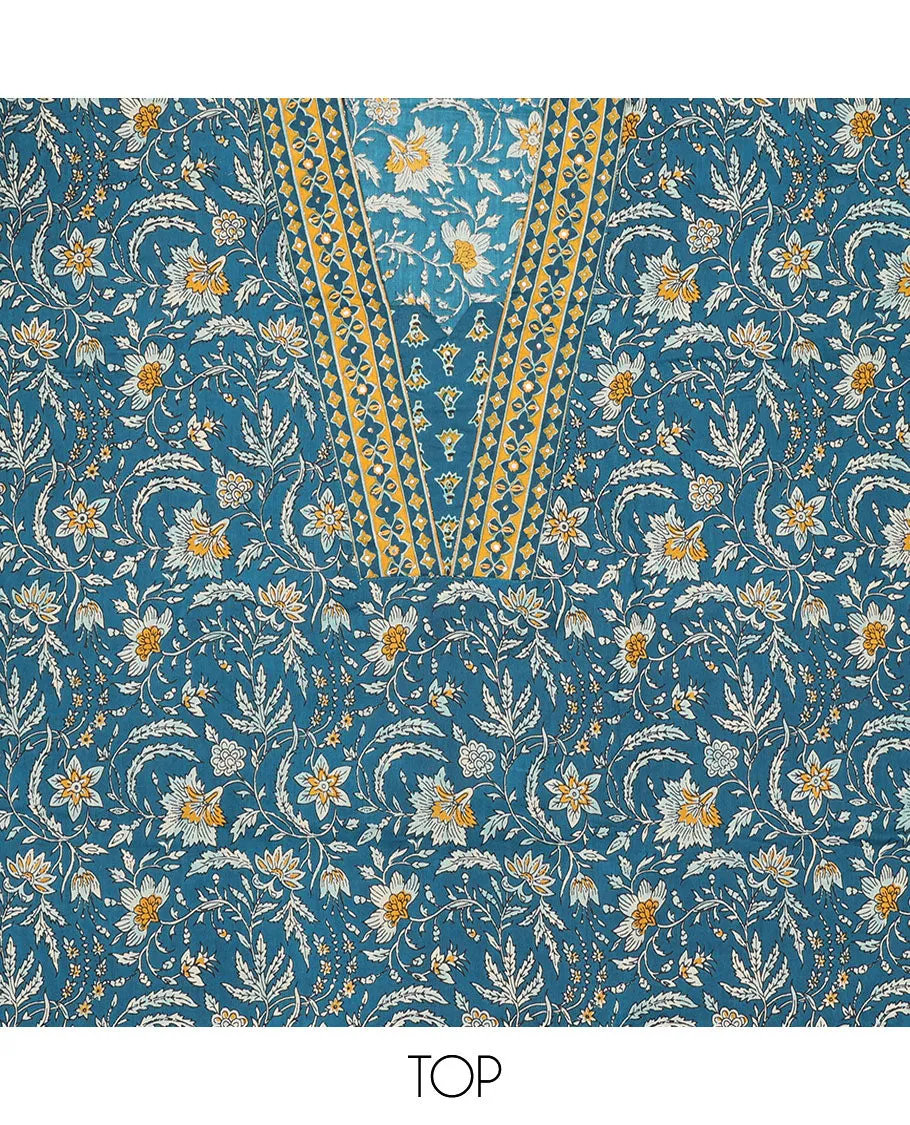 Blue chudidhar material set, floral vine printed top, geometric printed bottom & uniquely printed dupatta