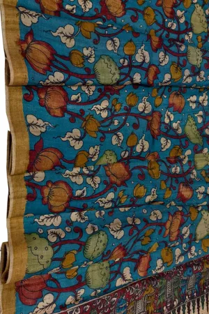 Blue Tussar Silk Kalamkari Dupatta Hand Painted