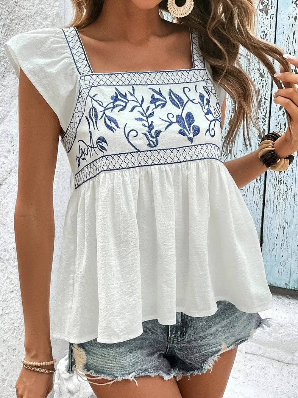 Bohemian White Embroidered Peplum Top