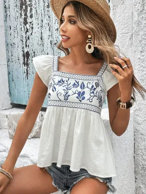 Bohemian White Embroidered Peplum Top