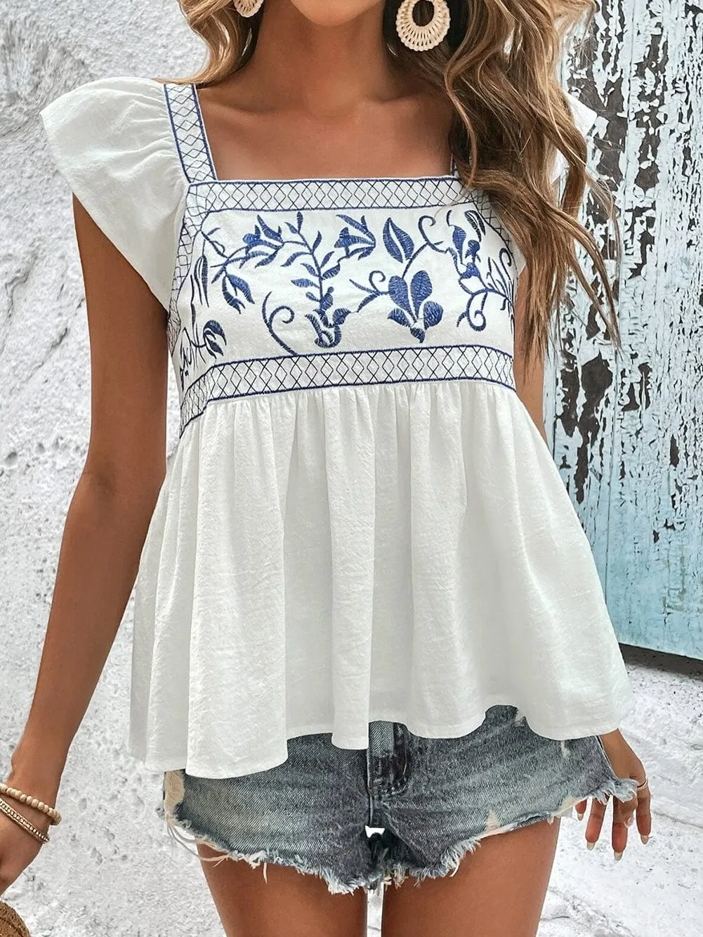 Bohemian White Embroidered Peplum Top