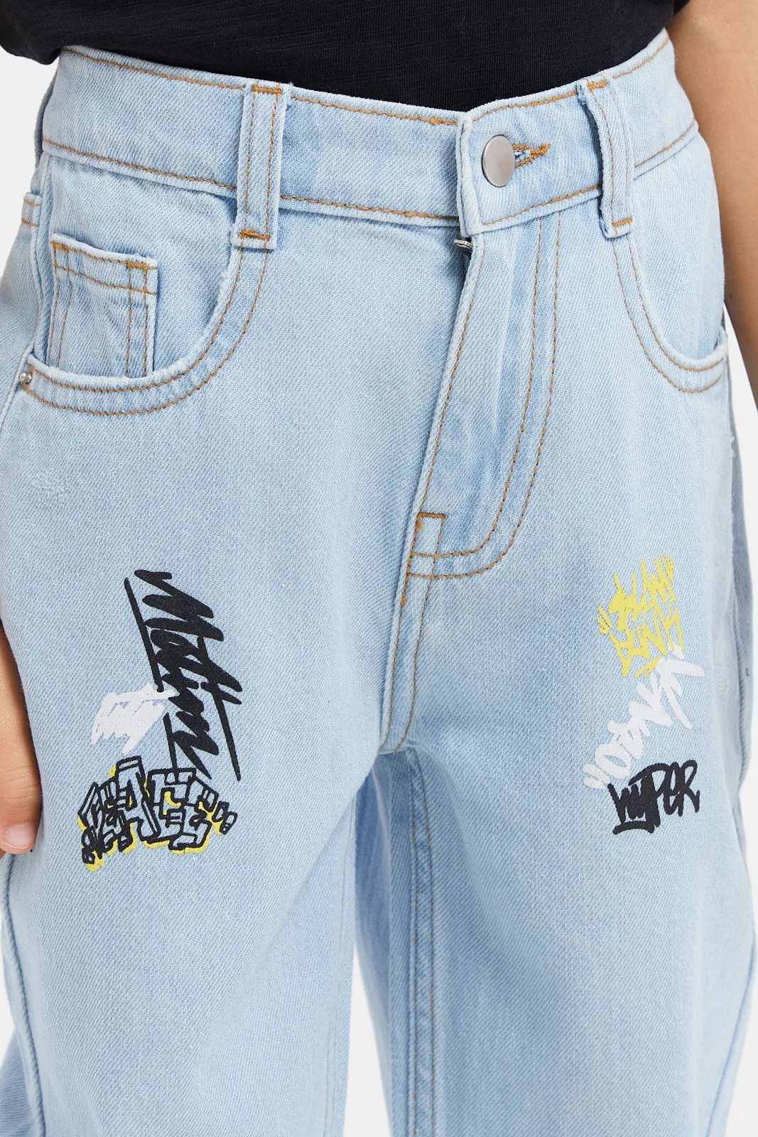 Boys Blue Printed Loose Jeans