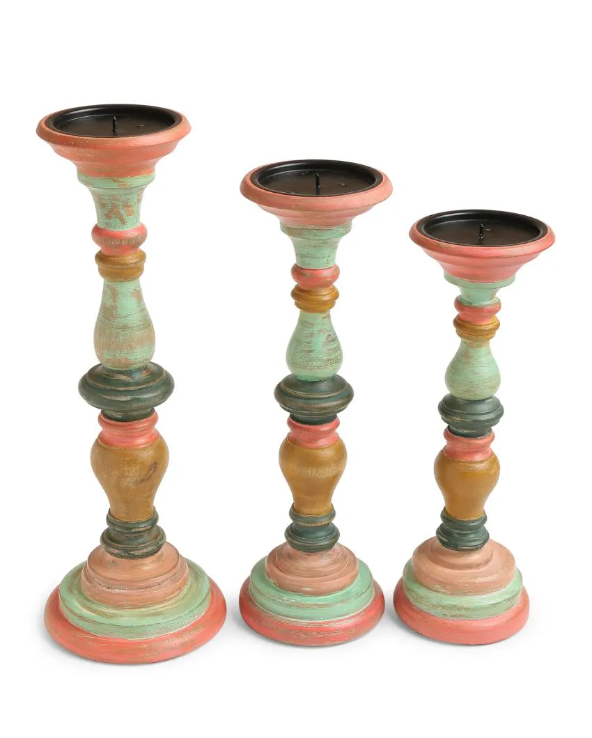 Distress Finish Hand Crafted Wooden Candle Holders | Set Of 3 | 13.5 inches , 15 inches & 17 inches