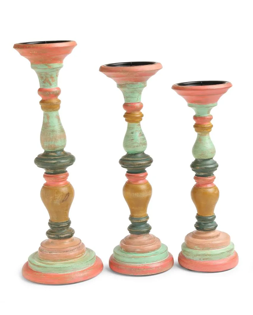Distress Finish Hand Crafted Wooden Candle Holders | Set Of 3 | 13.5 inches , 15 inches & 17 inches