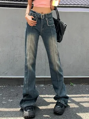 Distressed Burr Waist Buckle Design Boyfriend Jeans