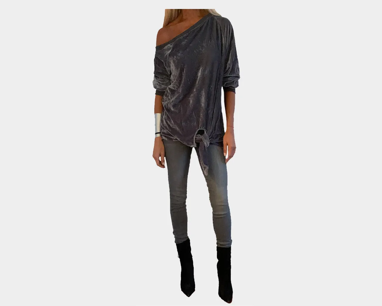 Fall Gray Velour Off Shoulder Top - The Madison Avenue