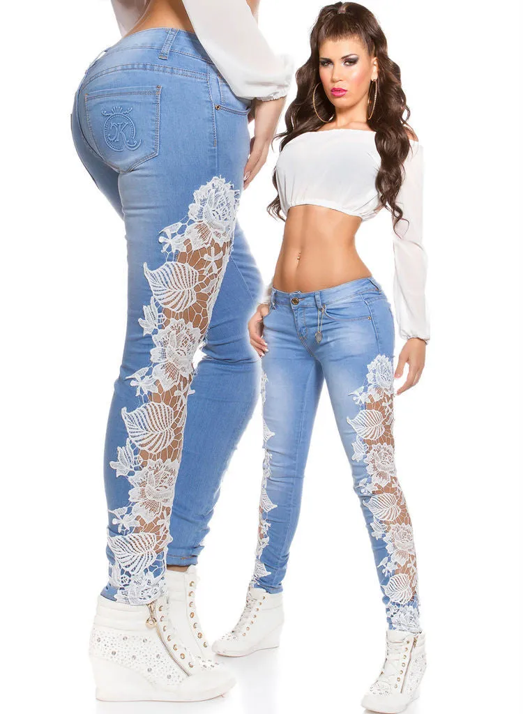Feminine stylish Light Blue Slim Skinny jeans with lace Inserts