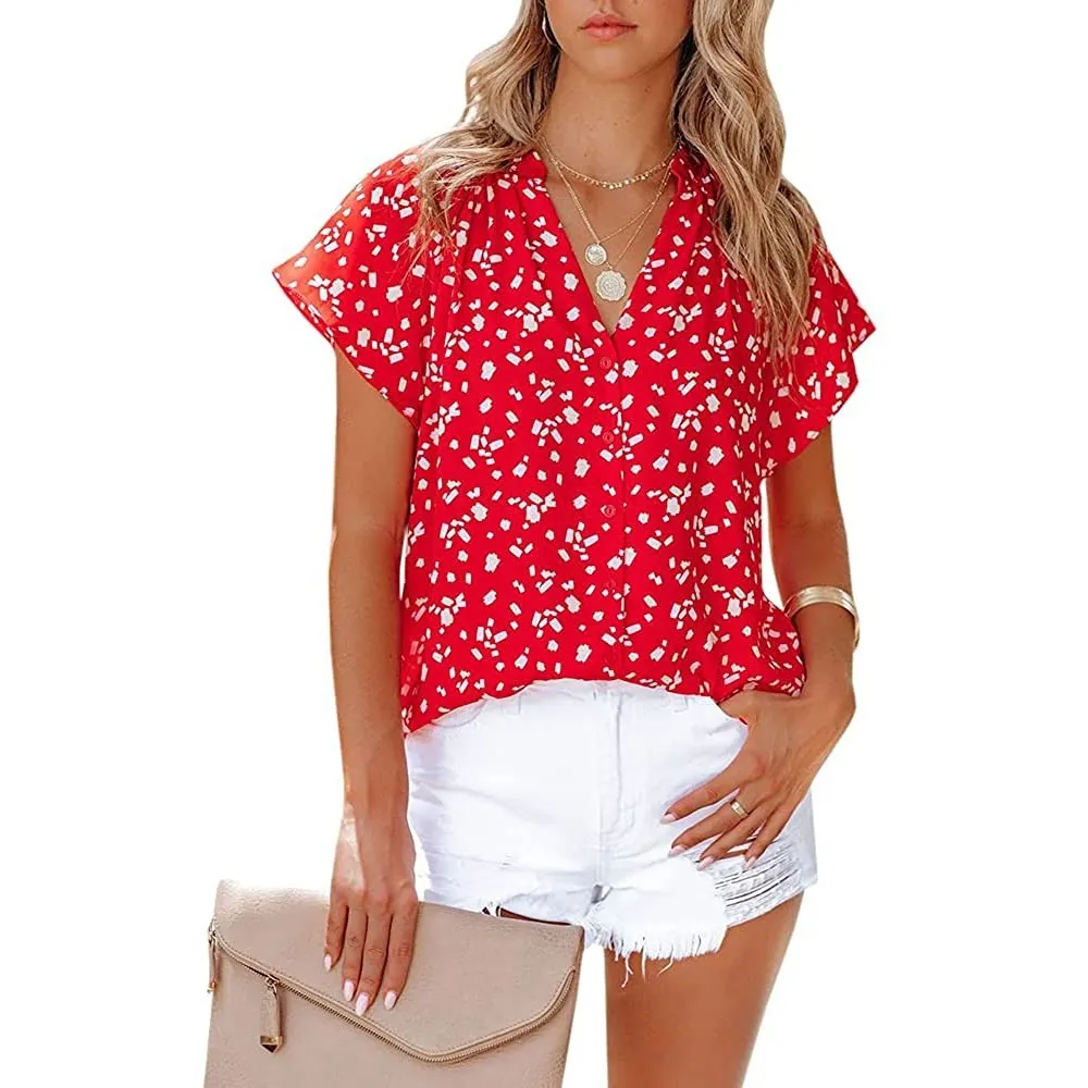 Floral Printed Casual V Neck Loose Top
