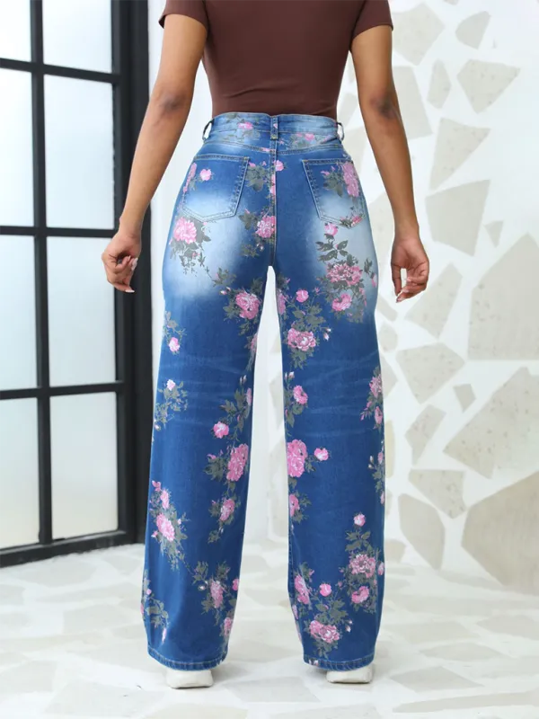 Floral Printed Wide Leg Jeans