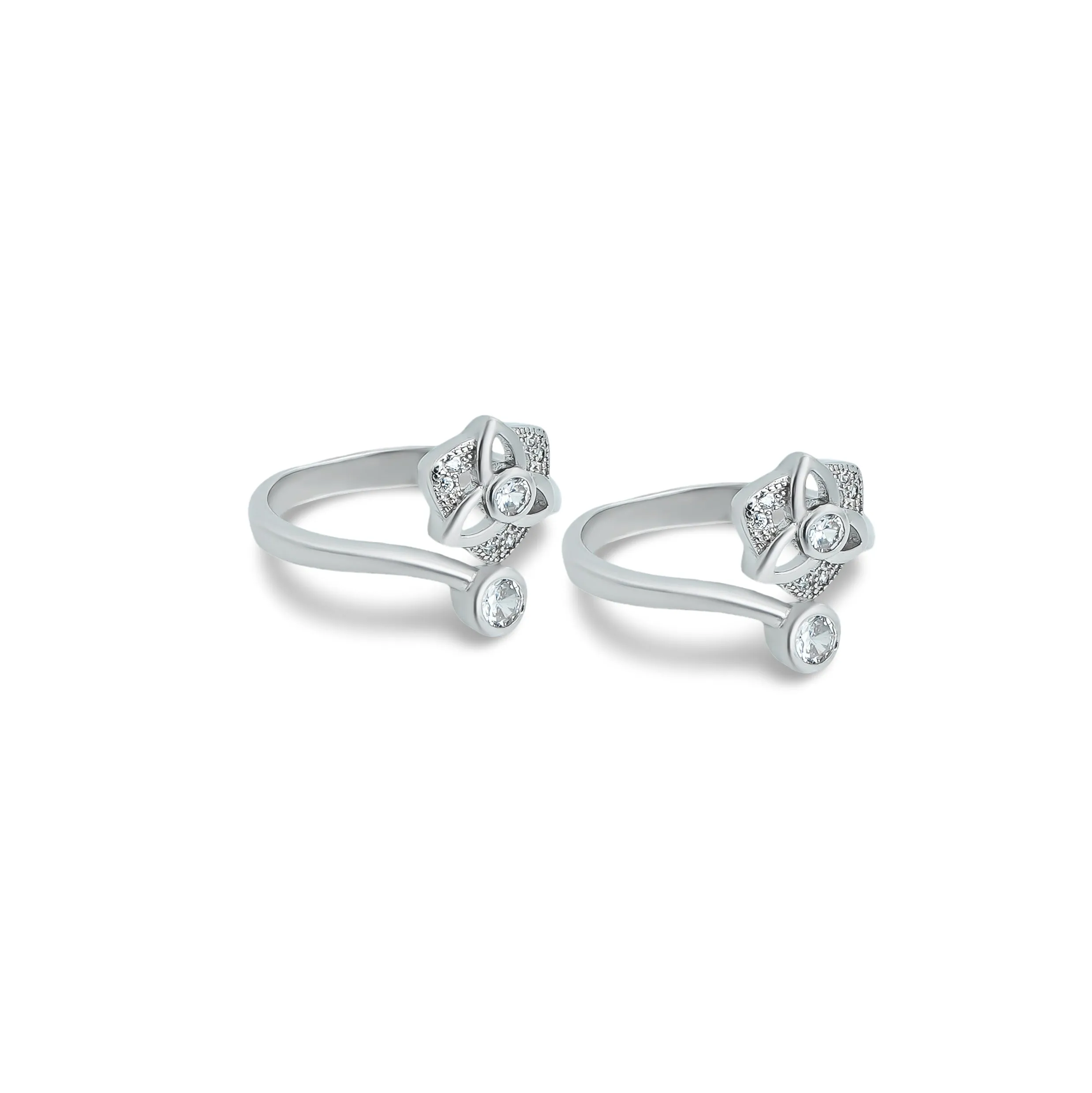 Flower Design Silver Toe Ring with White Round Stone