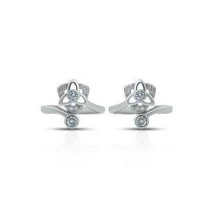 Flower Design Silver Toe Ring with White Round Stone