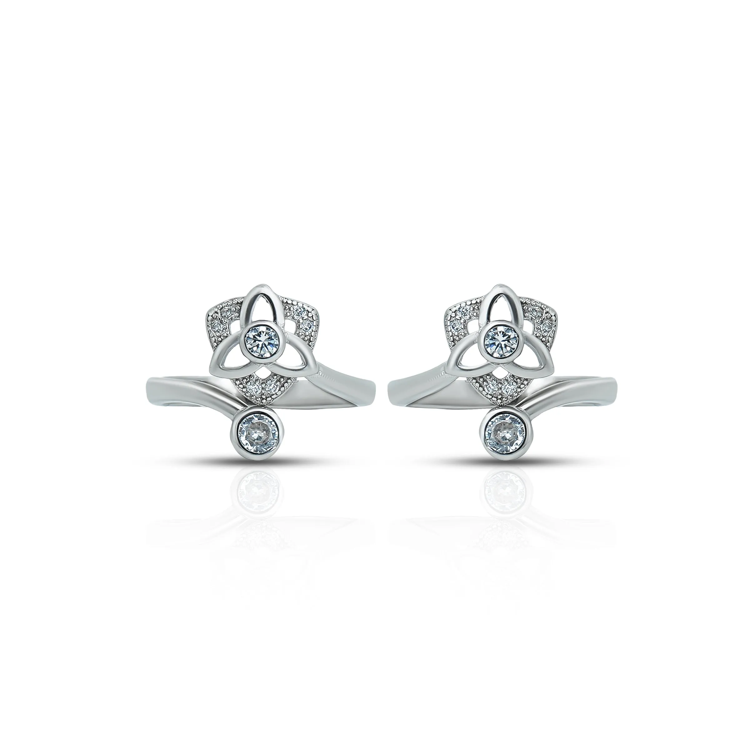 Flower Design Silver Toe Ring with White Round Stone
