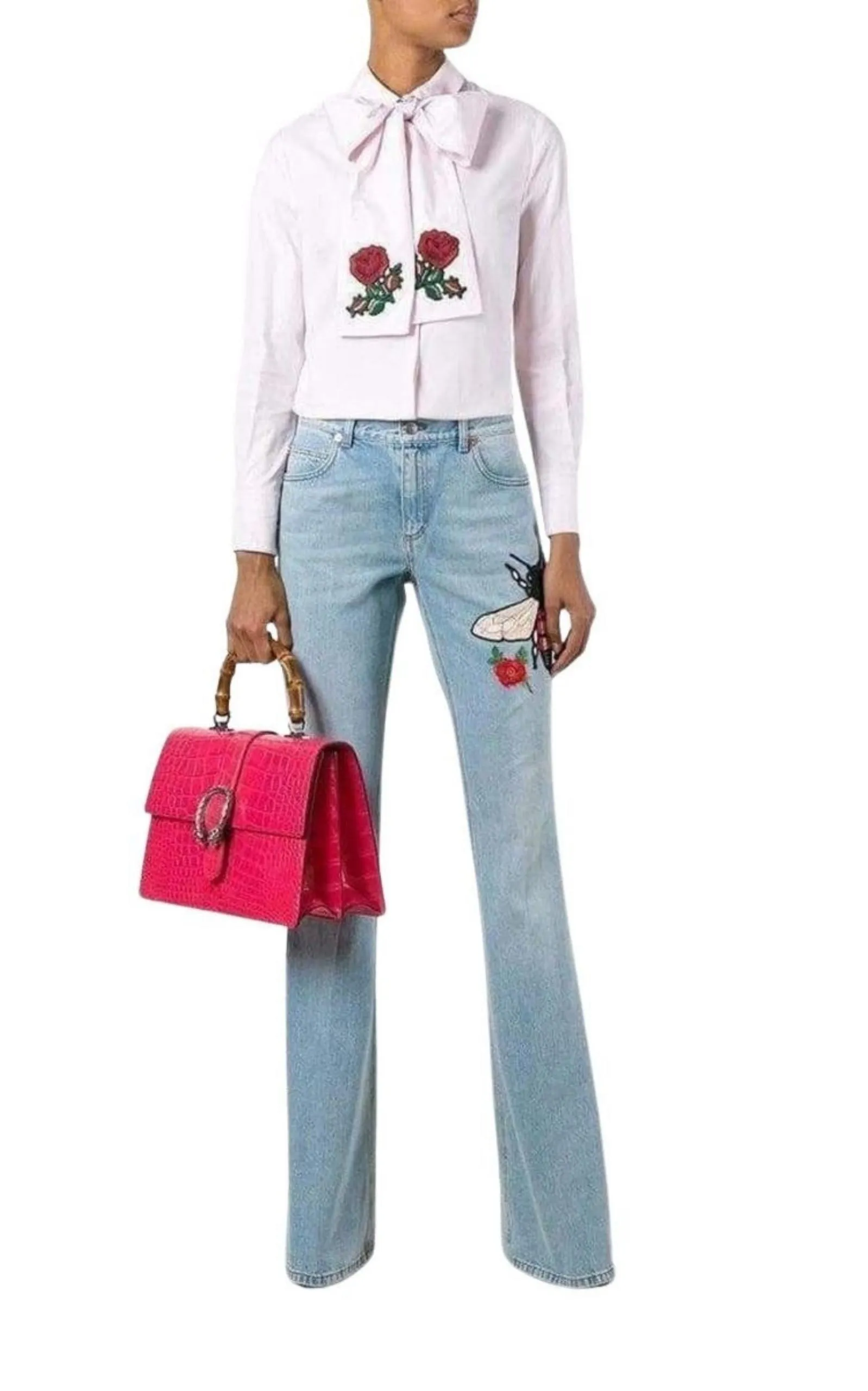 Fly Embroidered Flared Cotton Jeans