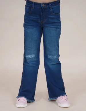 Girls Bottom Flared Knee Distress Stretchable Denim Jeans With Adjustable Elastic Waist