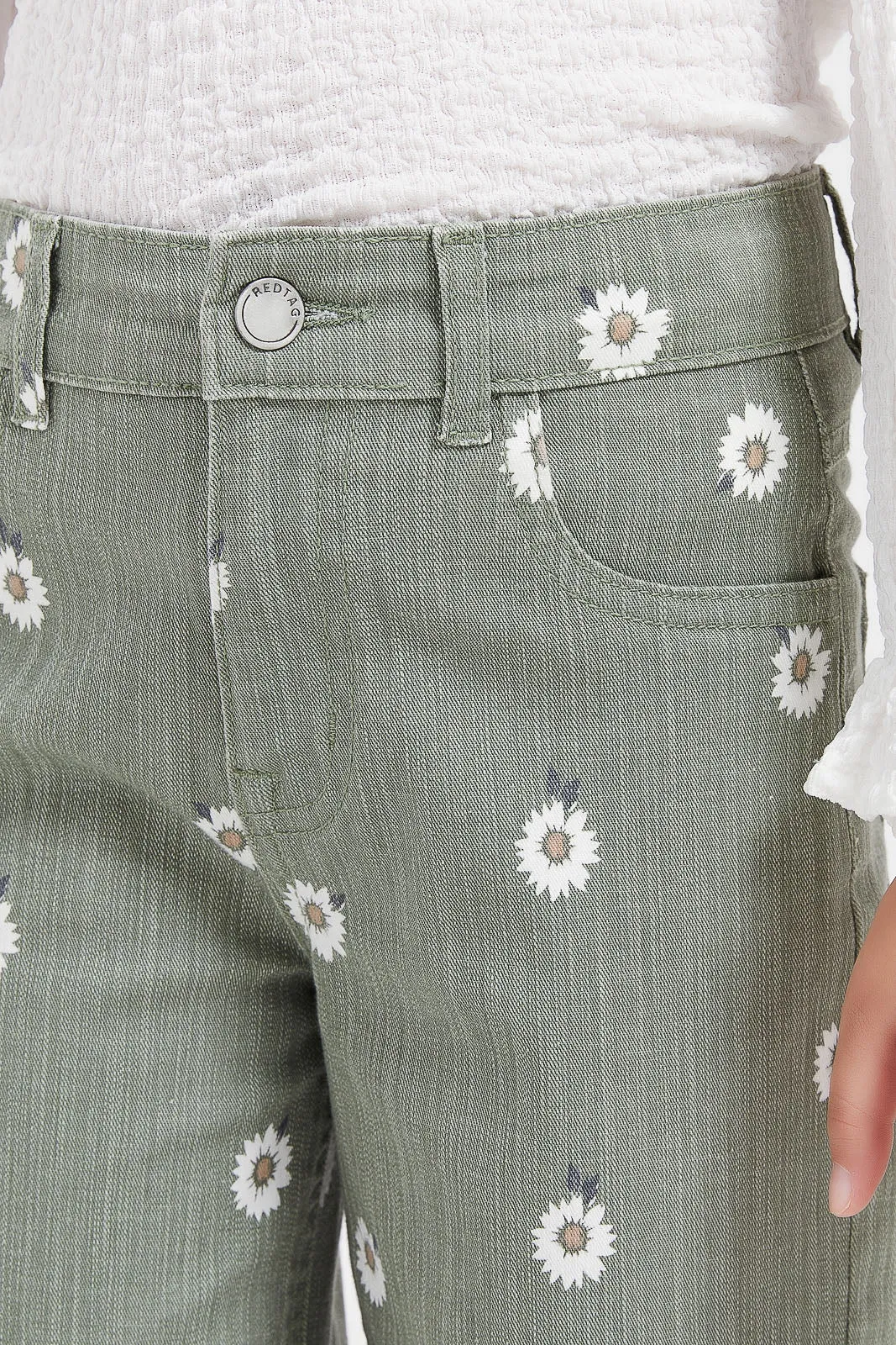 Girls Green Floral Printed Baggy Jeans