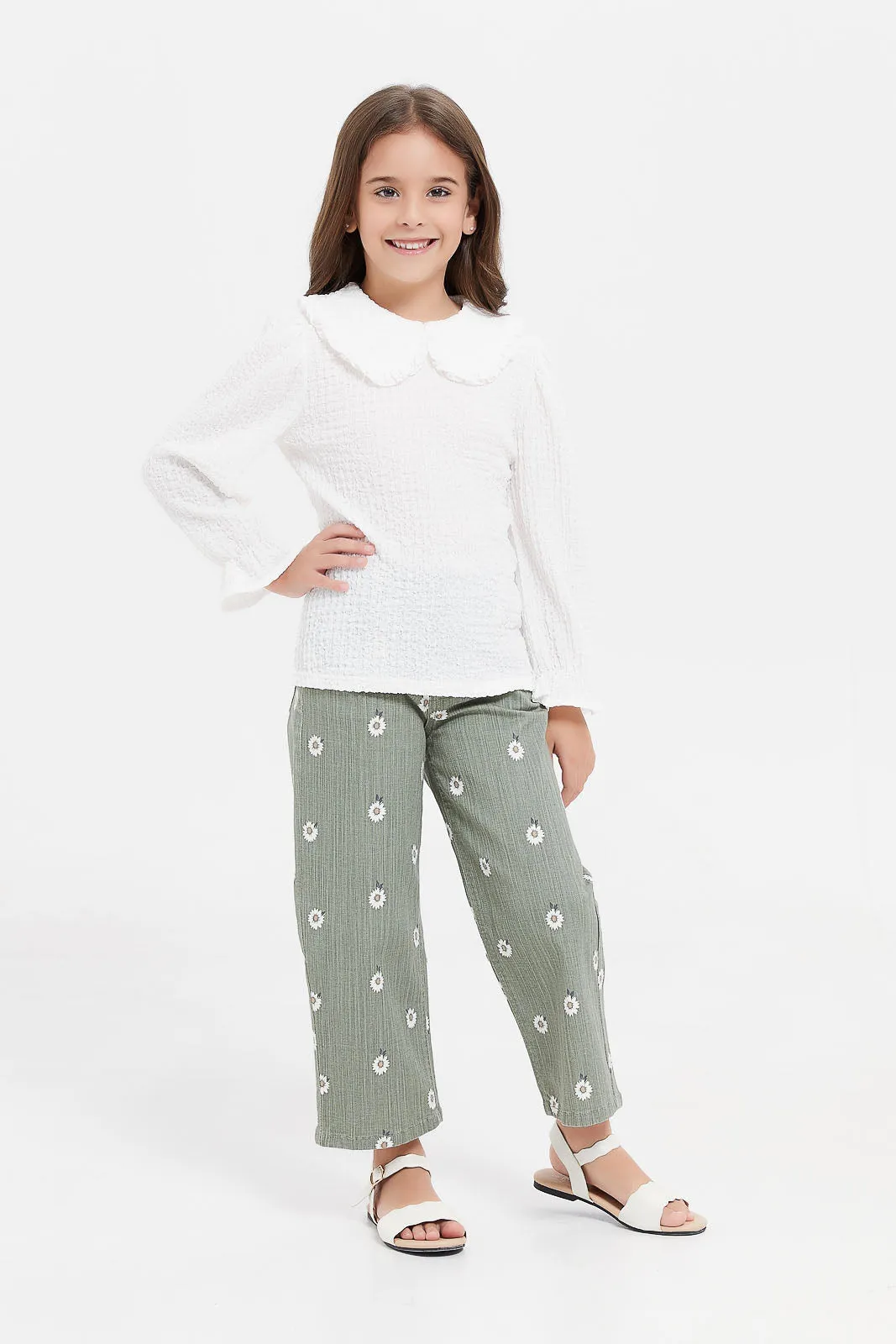 Girls Green Floral Printed Baggy Jeans