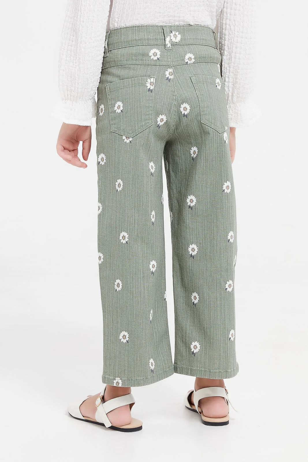 Girls Green Floral Printed Baggy Jeans