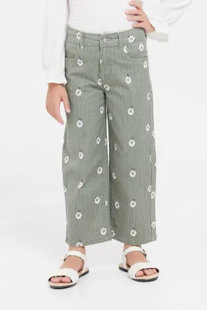 Girls Green Floral Printed Baggy Jeans