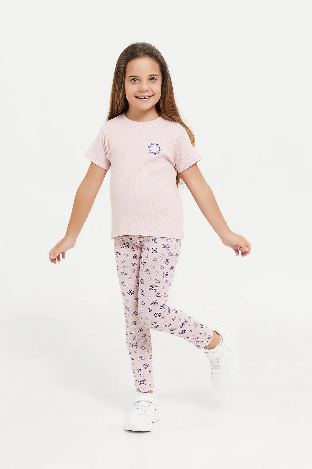 Girls Pink Placement Print RibT-Shirt