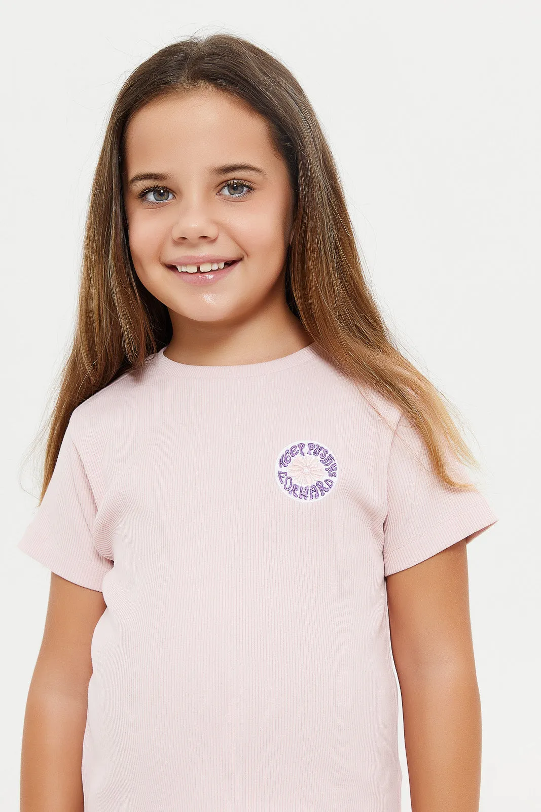 Girls Pink Placement Print RibT-Shirt