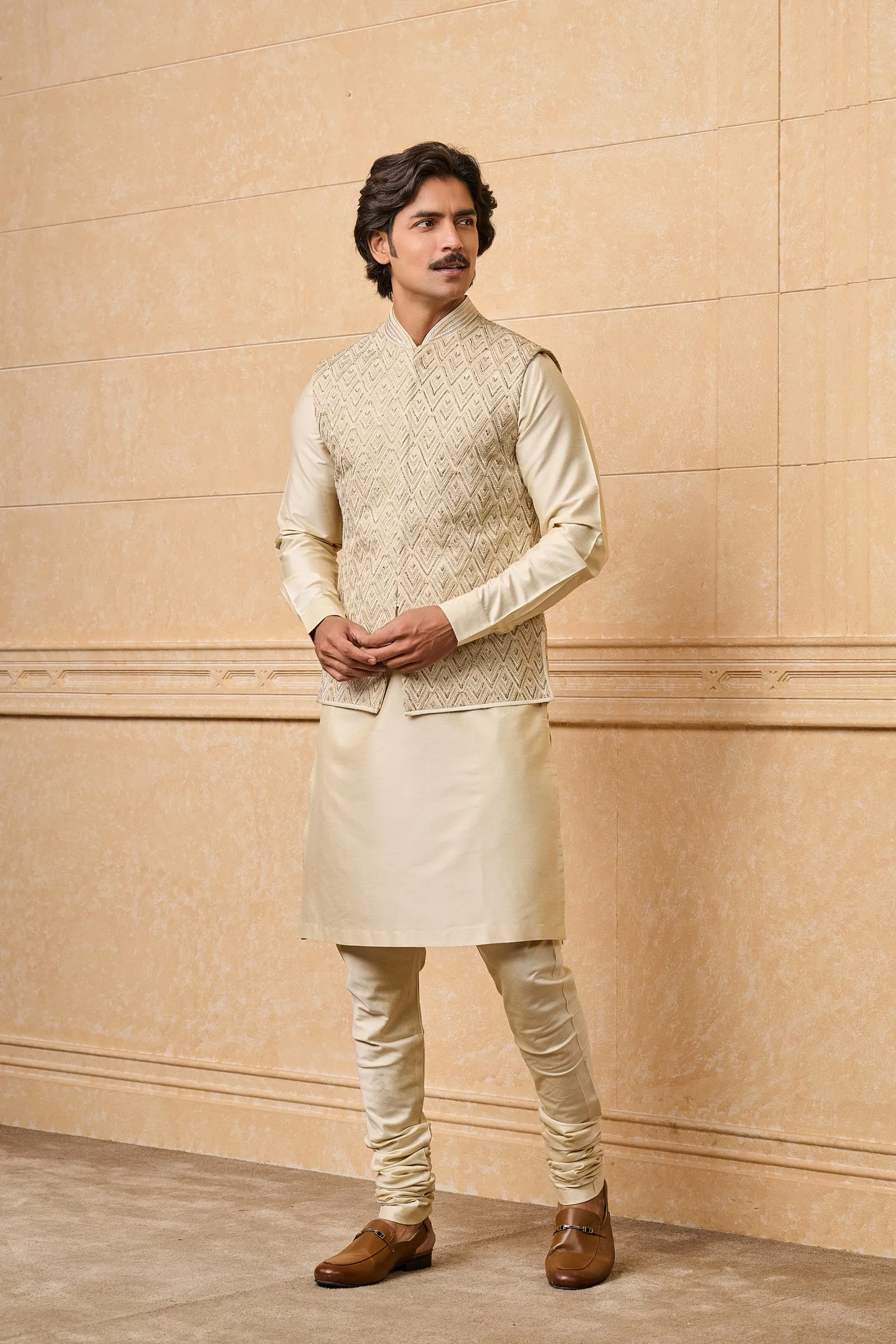Gold All Over Embroidered Kurta Bundi Set