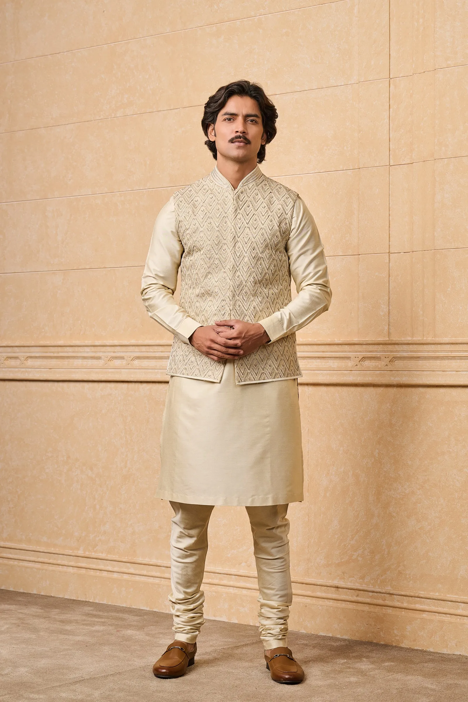 Gold All Over Embroidered Kurta Bundi Set