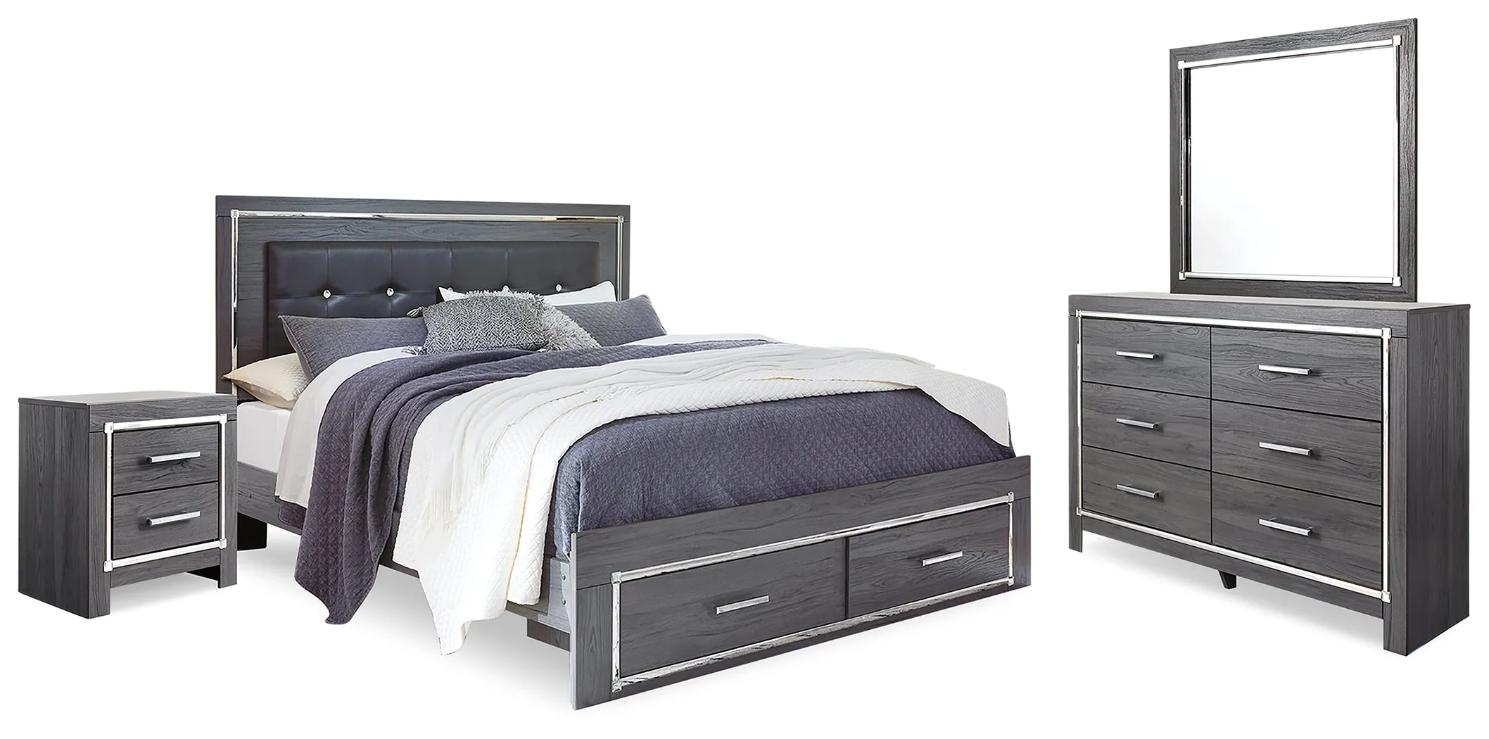 Lodanna Queen Panel Bed with Mirrored Dresser and Nightstand in Gray