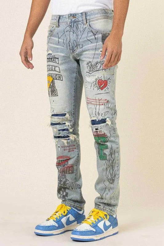 Mens All Over Doodling Slim Fit Denim Jeans