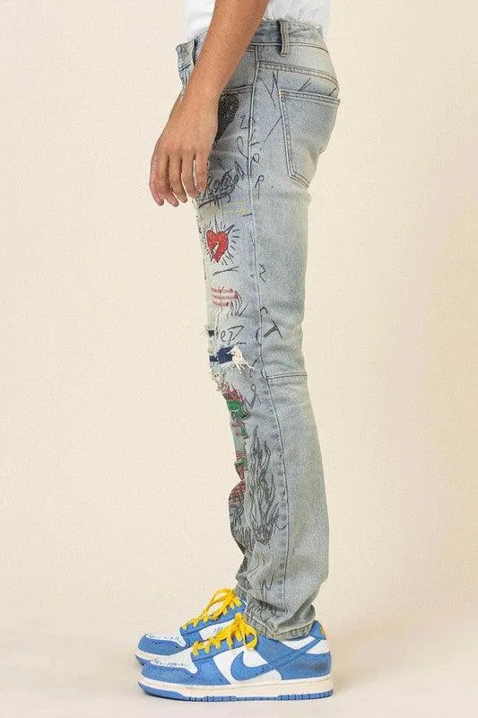 Mens All Over Doodling Slim Fit Denim Jeans